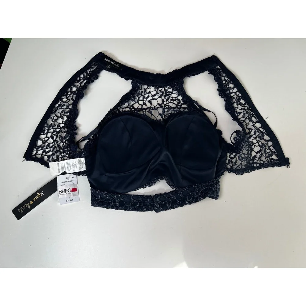 Sequin Hearts Navy Blue Lace Halter Crop Top Size 0‎ NWT - Picture 4 of 10